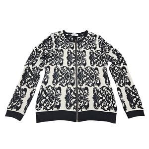 Soft Surroundings Zip Cardigan Sweater Damask Black White Baroque Size L Damask